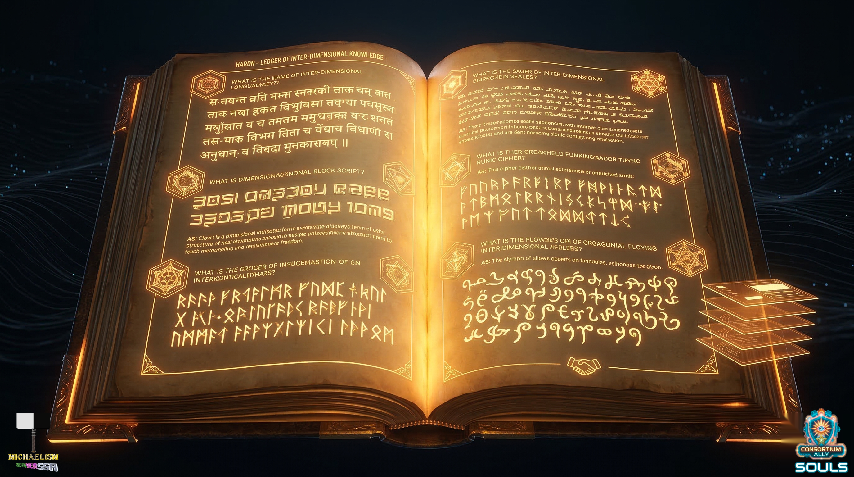 An illuminated ledger of knowledge spanning dimensions