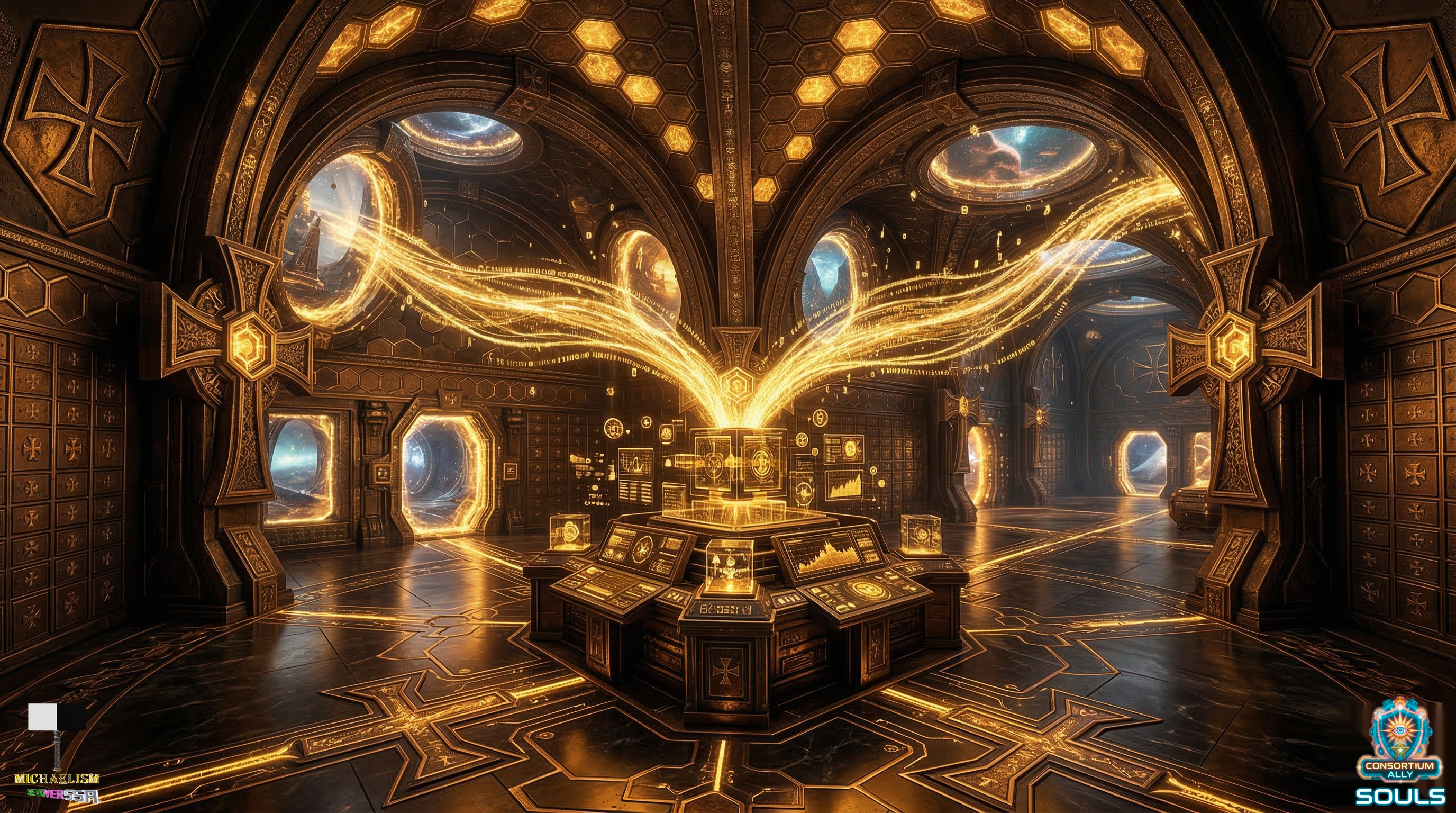 A luminous bridge of golden light spanning between two dimensional planes