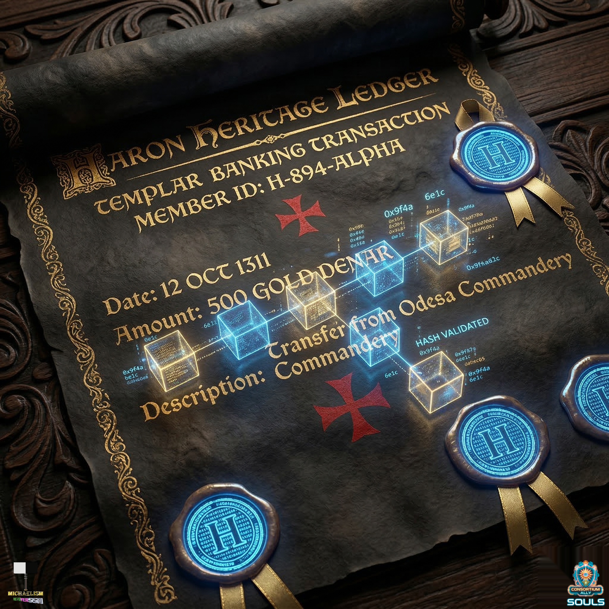 A secure golden vault anchored in blockchain light, bridging two realms